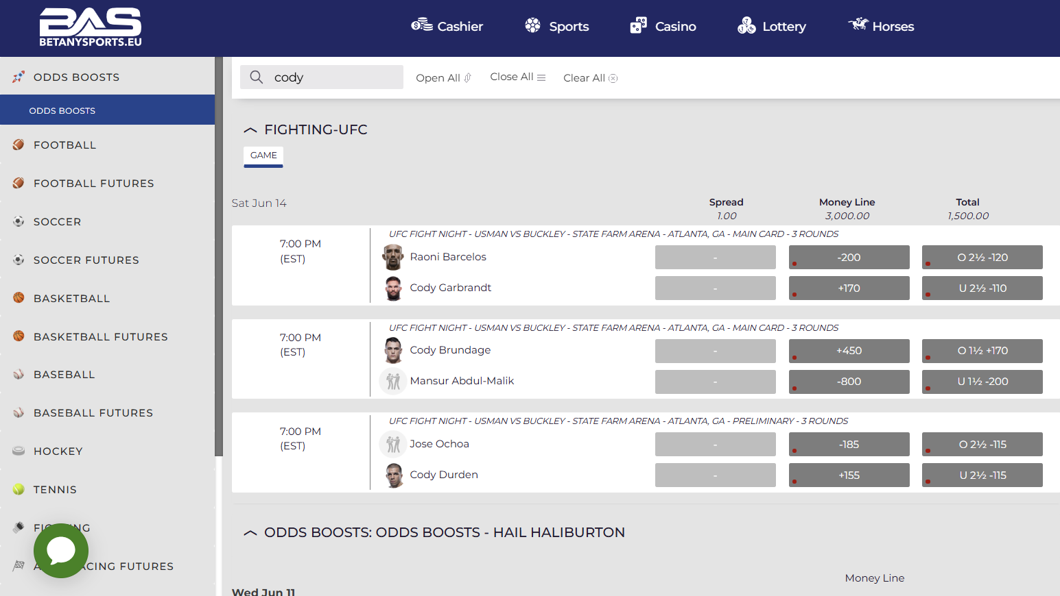Bookmaker A Interface Example