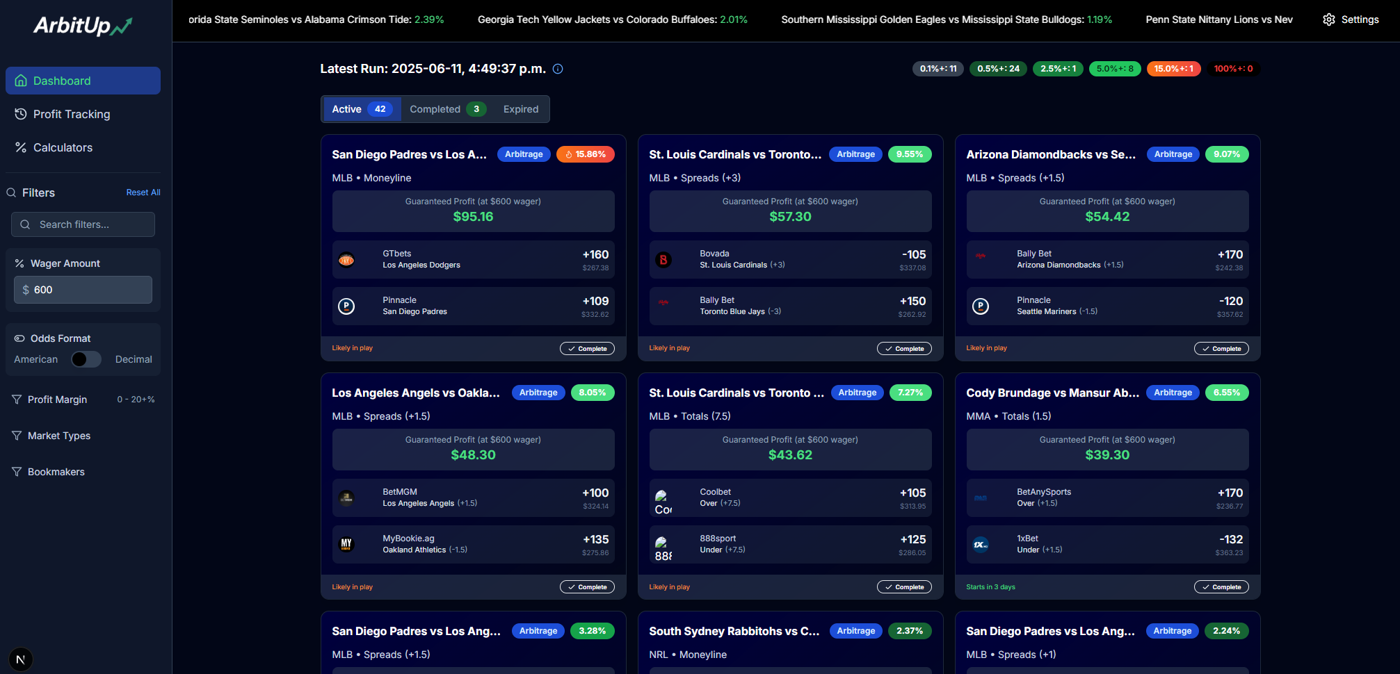 ArbitUp Sports Arbitrage Dashboard - Real-time betting opportunities